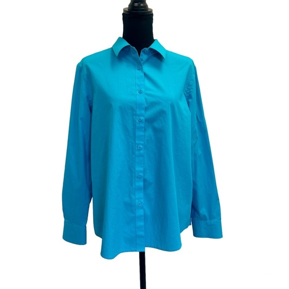 Jones New York signature blue easy care stretch cotton button front shirt Sz L